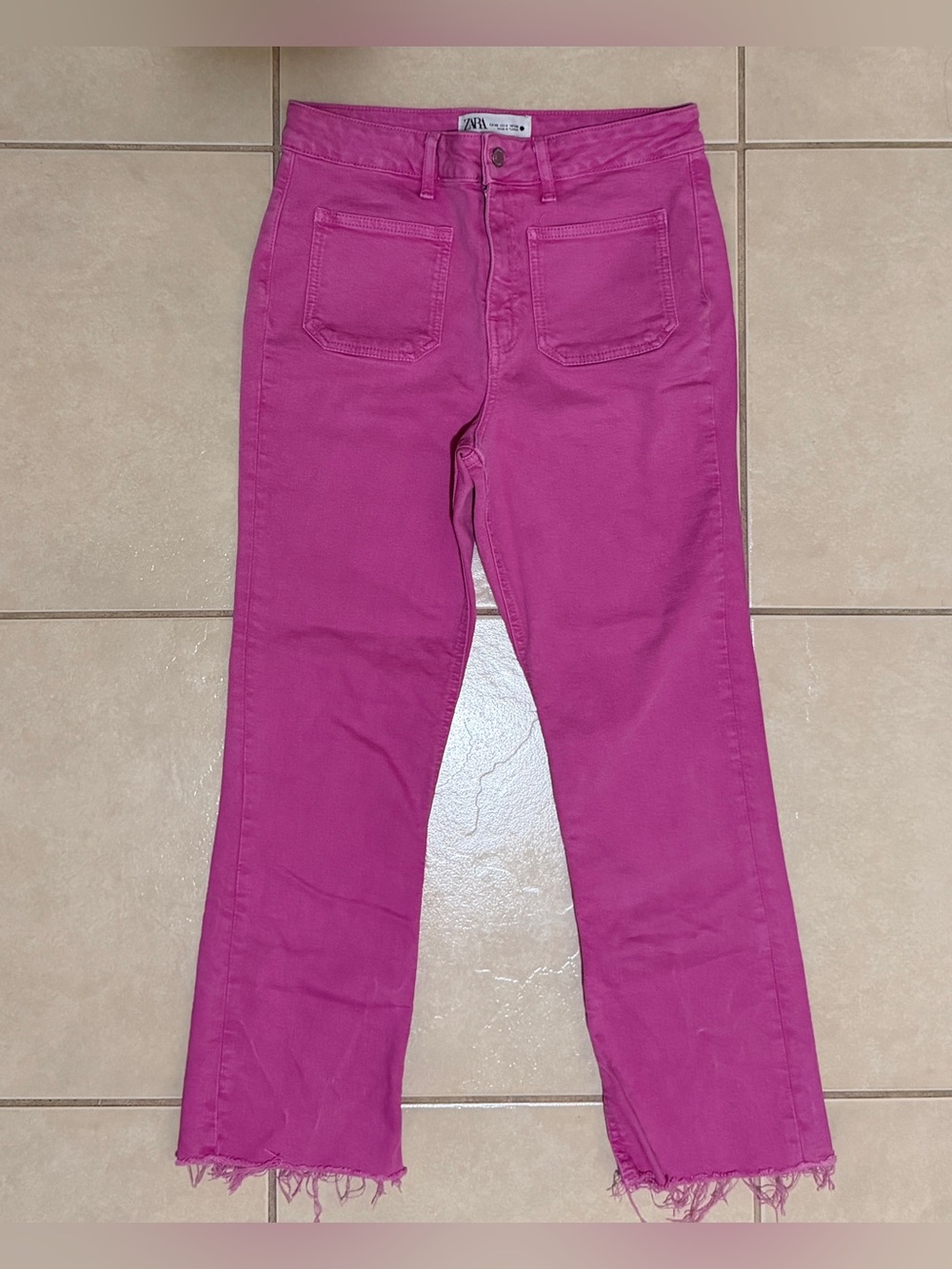 Zara Sailor Cropped Raw Hem Jeans in Fuscia Size 6 Stretch High Rise